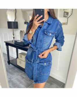 Minijurk jeans met zakken & strik