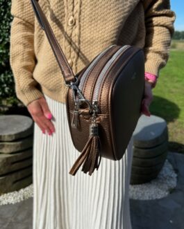 Handtas brons/koper met fijn lint en 2 ritsen